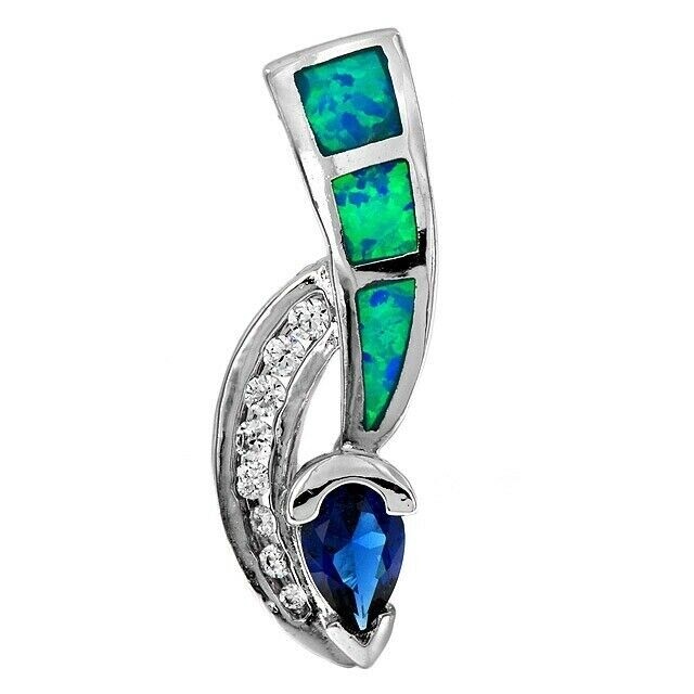 1CT Treated Blue Sapphire and Australian Opal 925 Sterling Silver Pendant EO3