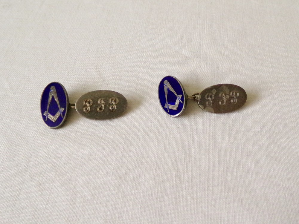 Masonic Sterling Silver Blue Enamel Cufflinks Hallmarked 1991 Engraved PJP