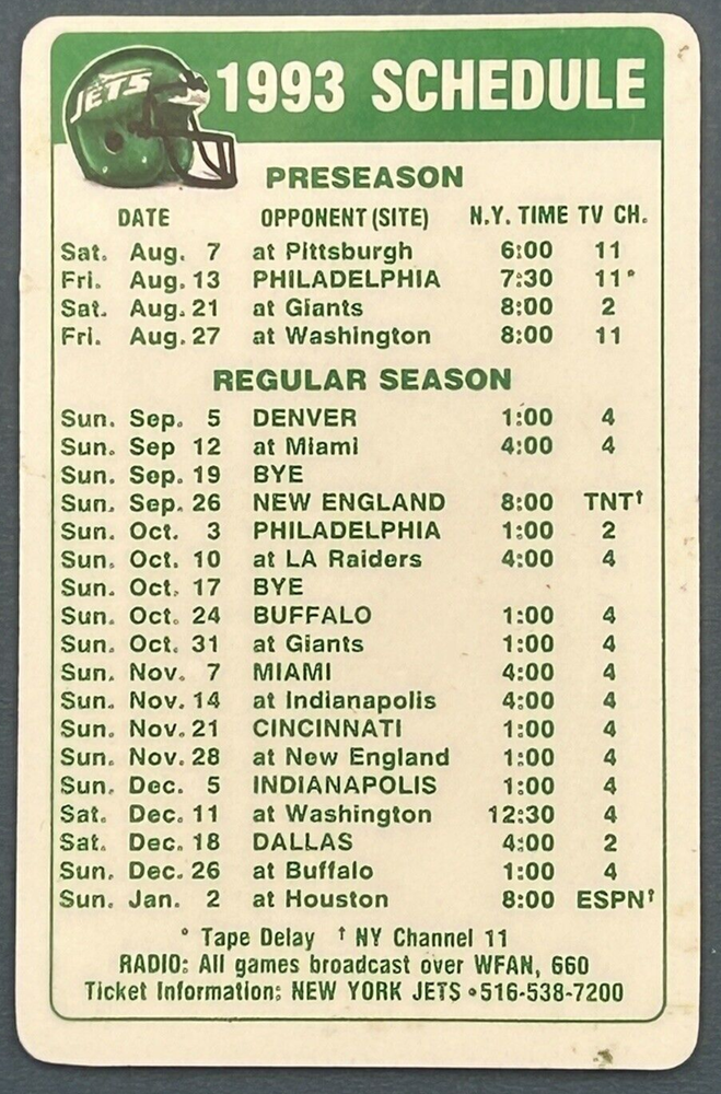 1993 New York Jets Football Game Schedule Preseason & Regular Season