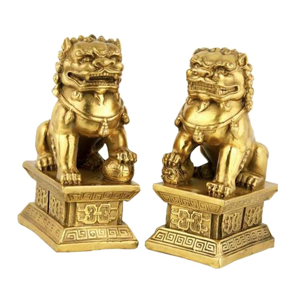2 Traditional Resin Fu Dog Lion Figurines for Housewarming Gifts