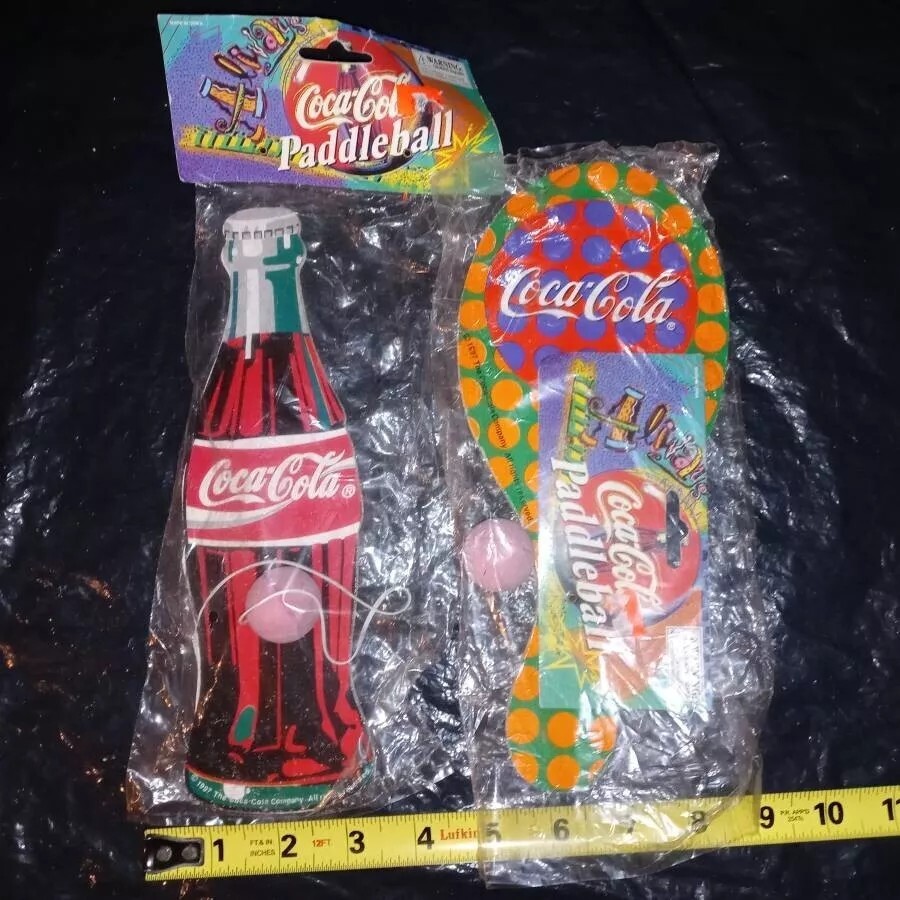 1997 Vintage Coca Cola Bottle Paddle Ball Toy Collectible Soda Pop New
