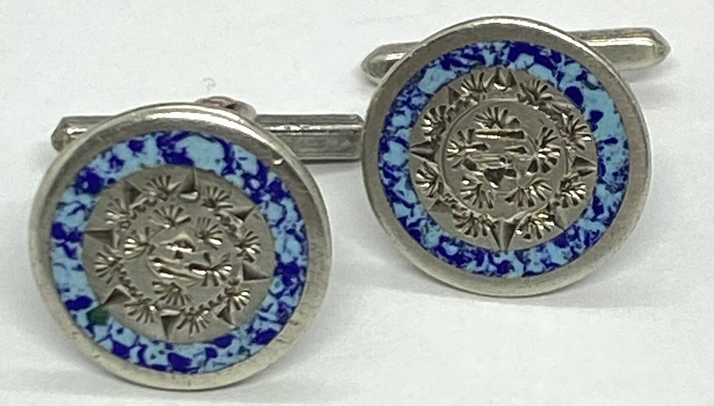 Vintage ABR Hecho En Mexico Enamel Hand Etched Sterling Silver Cufflinks 0.3/4”-image
