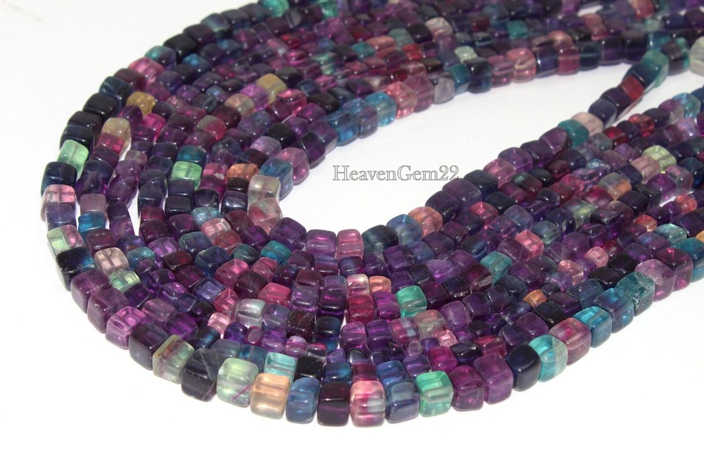 AAA Natural Multi Fluorite Smooth Cube 3D Box 5-6mm Gemstone Bead 8 Inch Strand-image