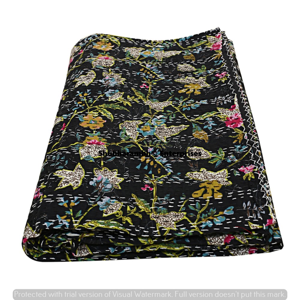 Hippie Black Floral Printed Throw Bedspread Kantha Coverlets Indian Quilt Decor