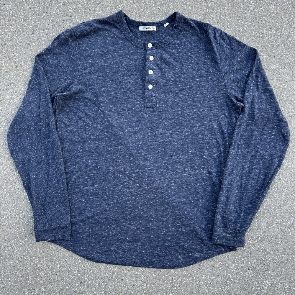 Buck Mason Henley T Shirt Blue Heather Long Sleeve Cotton Curved Hem Size Small