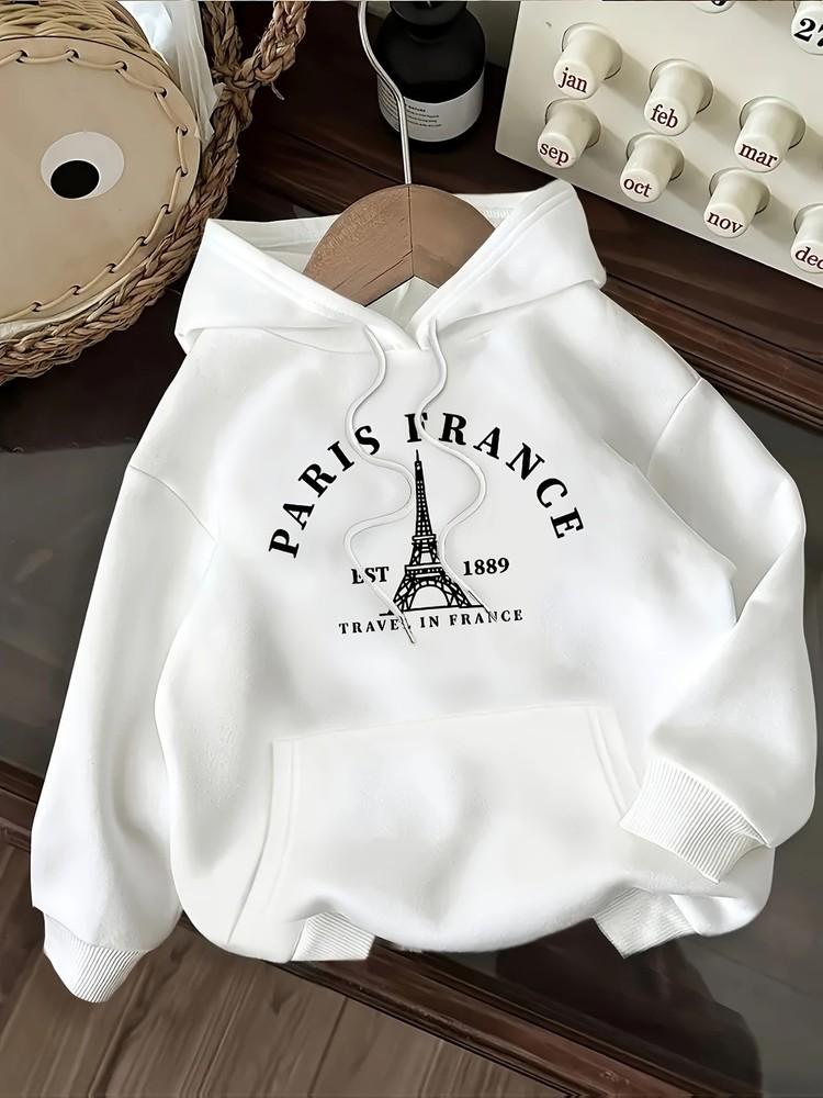 Women's Elegant Paris France Graphic Hoodie - White Eiffel Tower♡