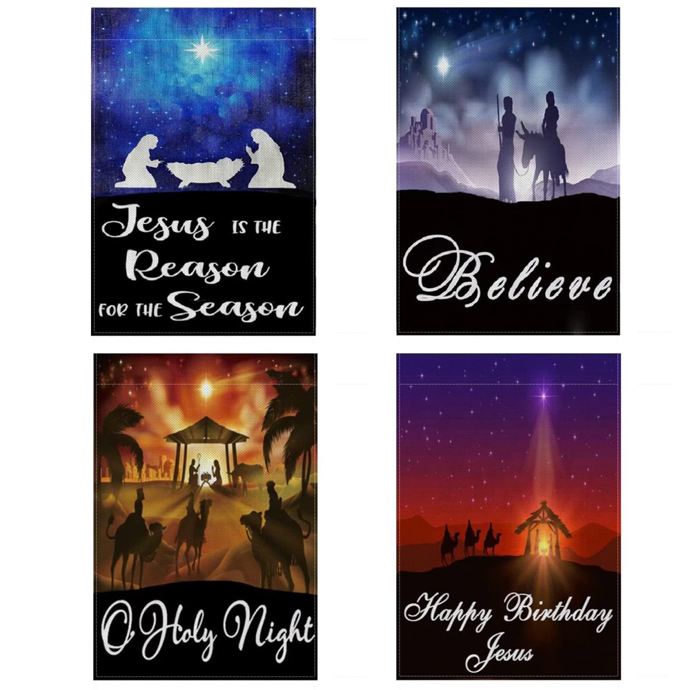 4 Pack O Holy Night Christmas Nativity Scene Garden Flag, 12×18 Inch Double S...