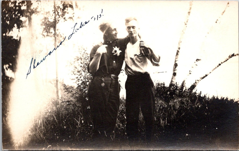 Shawano Lake Wisconsin Men Embrace Corsage 1915 Vintage RPPC Postcard      16256
