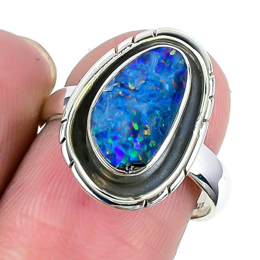 Halloween Deal Australian Opal Stone 925 Silver Boho Cluster Mother Ring Size 8