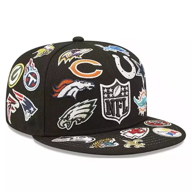 New NFL Teams Patch Logos All-Over Black Fitted Hat 59FlFTY Era Baseball Cap