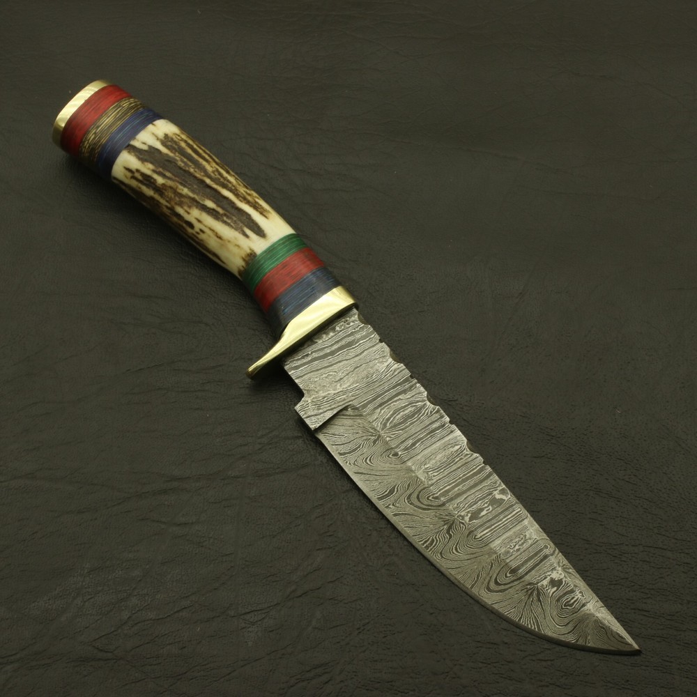 Sharp Custom Hand Forged Damascus Bolster Hunting/Skinning Knife StagHorn Handle