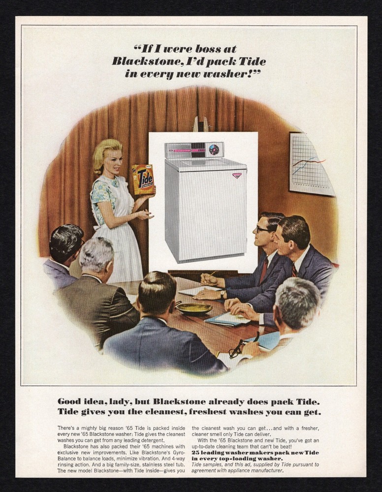 1965 Tide Included in Every New Blackstone Washer Clean Good Idea Lady Print Ad