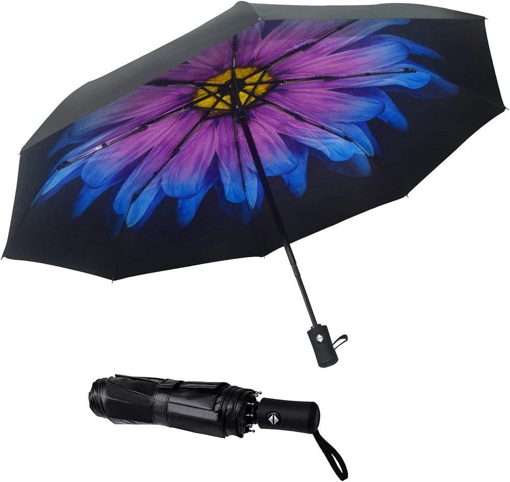 SY COMPACT Windproof Automatic Travel Umbrella with Purple Flower Design