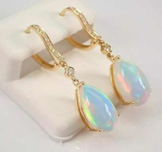 3.00 Ct Pear Cut Fire Opal & Diamond Drop Dangle Earrings 14k Yellow Gold Over