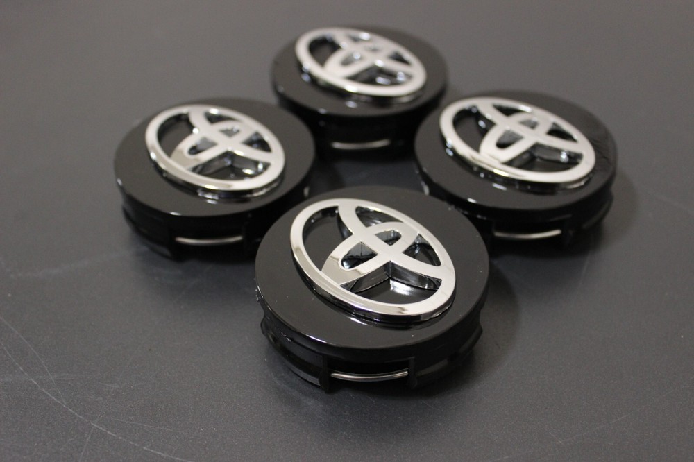 (4) TOYOTA WHEEL RIMS CENTER HUB CAP CAPS BLACK BASE CHROME LOGO 62MM CAMRY