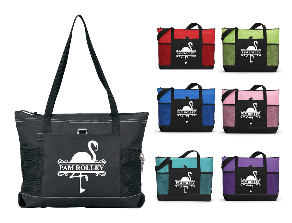 FLAMINGO W/ NAME PERSONALIZED CUSTOM MADE ZIPPERED TOTE BAG PURSE SPORTS GYM BAG