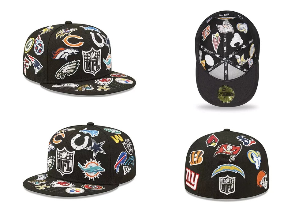 New NFL Teams Patch Logos All-Over Black Fitted Hat 59FlFTY Era Baseball Cap