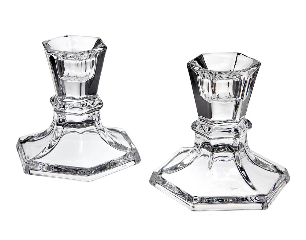 Silver Art Set of 2 Hexagon Crystal Candle Stick Holders