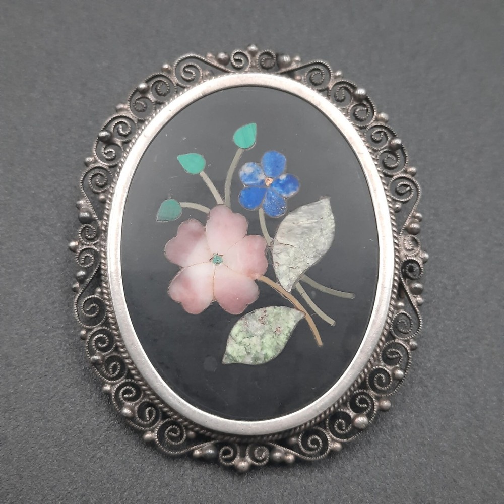 Antique Victorian Silver Pietra Dura Floral Filligree Brooch Pendant 800 Silver