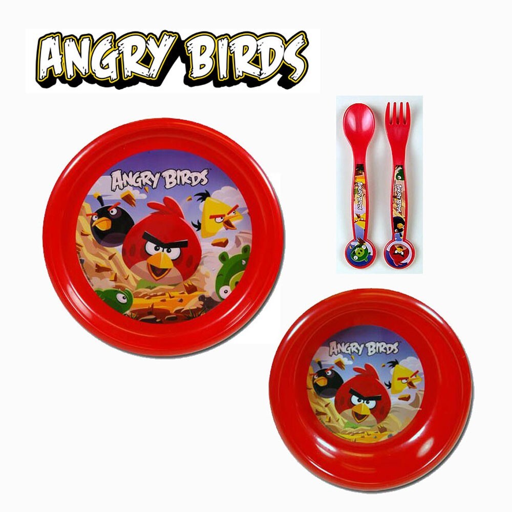 Children's Angry Birds 4 PC Dining Set - Plate, Bowl, Flatware Set Spoon & Fork