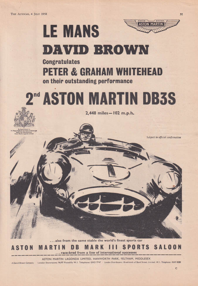 Peter & Graham Whitehead at Le Mans: Aston Martin DB3s 2nd place ad 1958