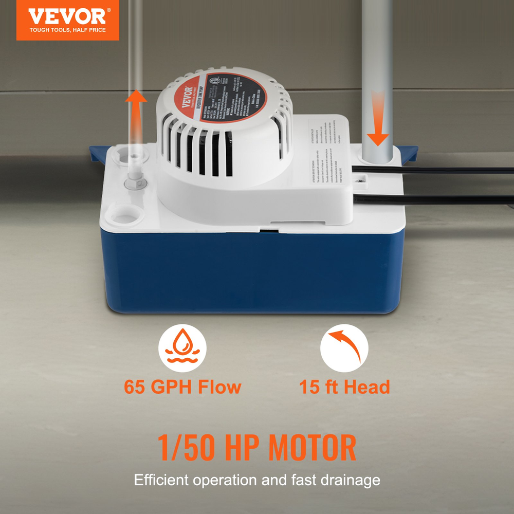 VEVOR Condensate Removal Pump, 1/50 HP, 65 GPH, 15 ft Lift, 115V Automatic AC Pu-image