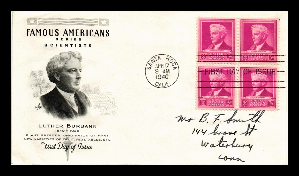 DR JIM STAMPS US COVER LUTHER BURBANK FAMOUS AMERICANS FDC BLOCK OF 4