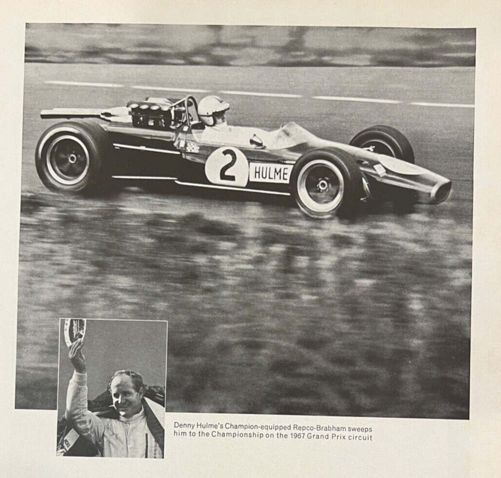 67' Denny Hulme Champion Spark Plug vintage 8.5 x 11 inch print ad