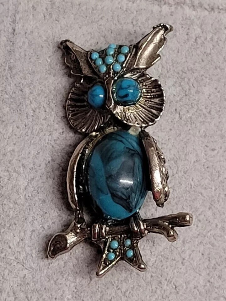 Vintage MCM Turquoise Jelly Belly Owl Brooch Pin in Silver Tone