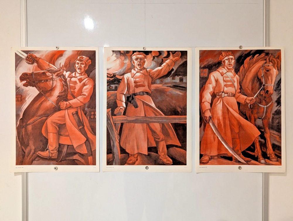 Triple Poster Triptych 1984 - Original RED Soviet - Military Man & Horse WW II