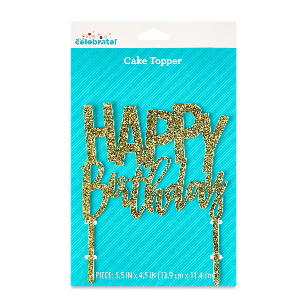 Gold Glitter Happy Birthday Cake Topper 5x6 Inches