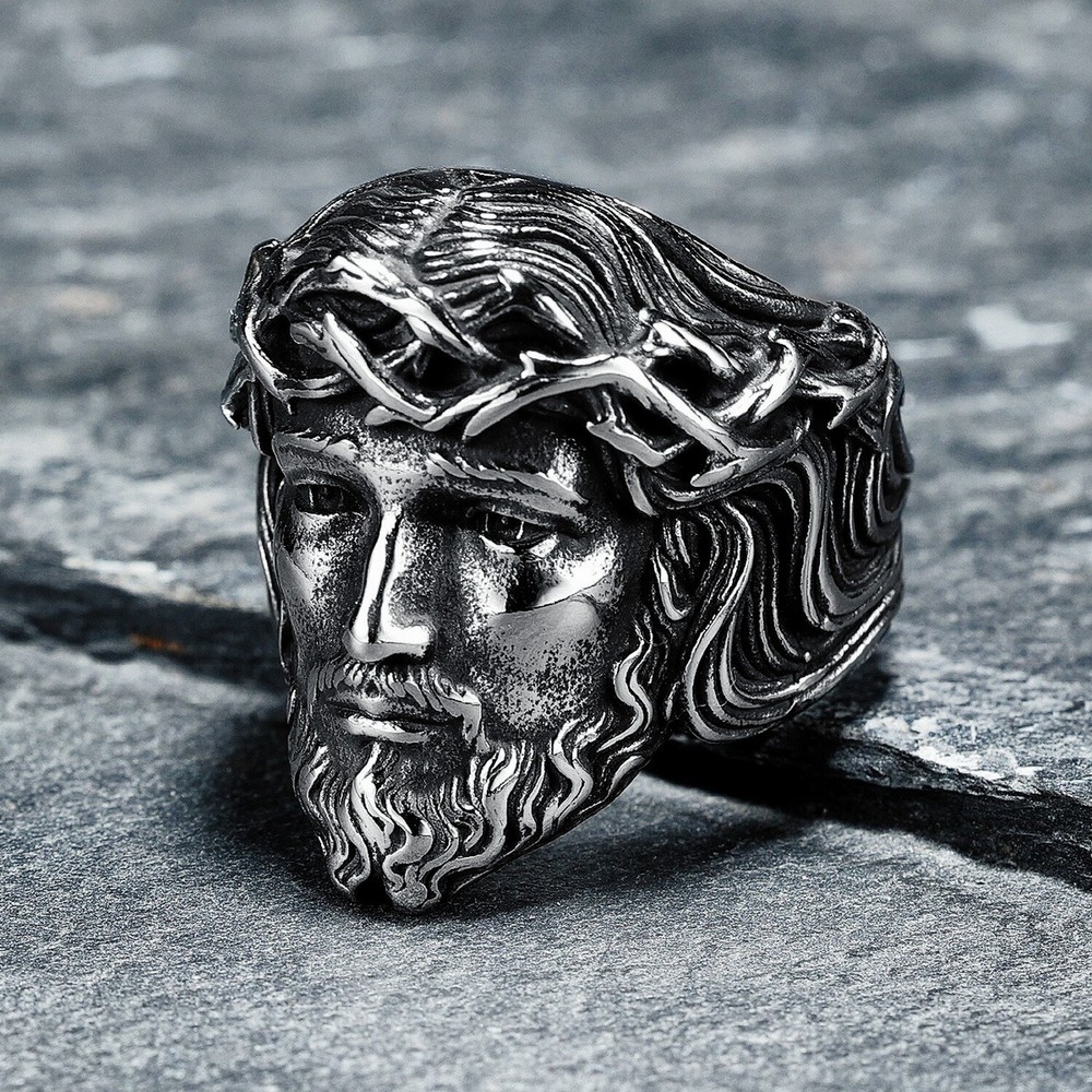 Stainless Steel Men Ring Christian Jesus Face Rings Religion Amulet Punk Rock