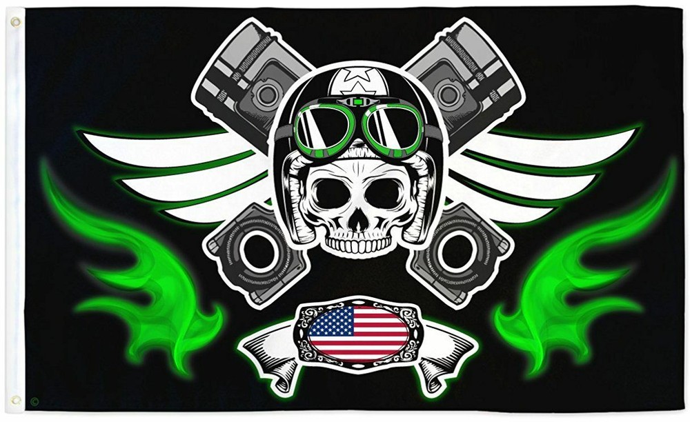 Skull and Cross Pistons Flag 3x5ft  Gear Head Moto Culture Biker Mechanic Flag