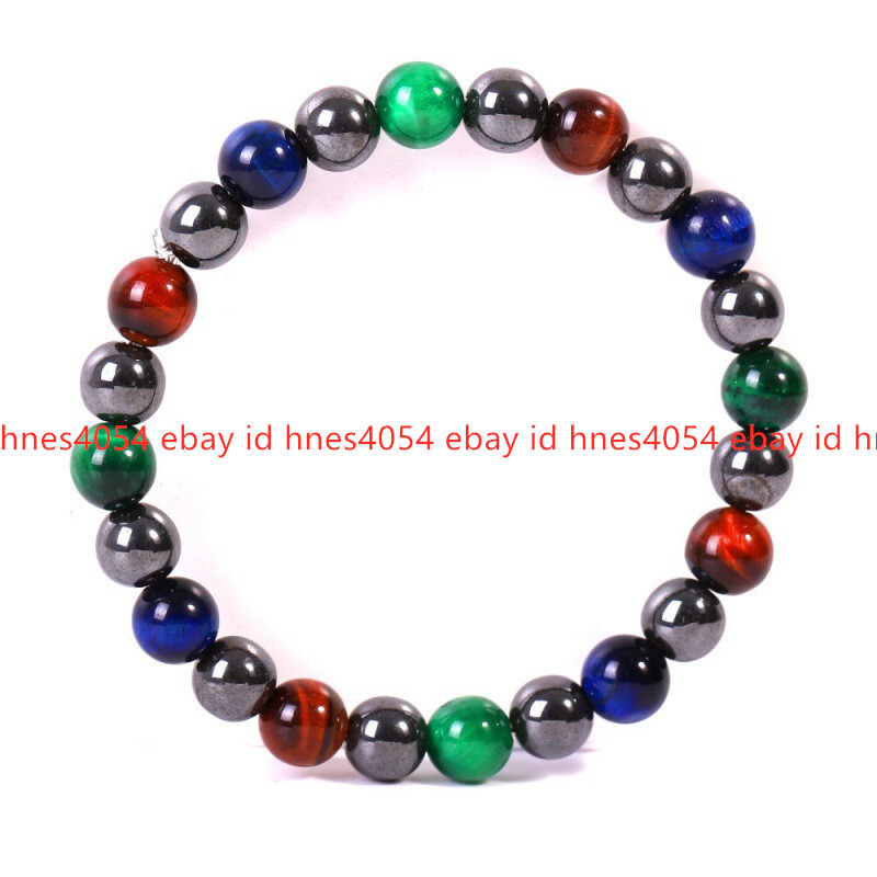 Natural 8mm Multicolor Tiger's Eye & Hematite Gems Round Beads Bracelet 7.5in
