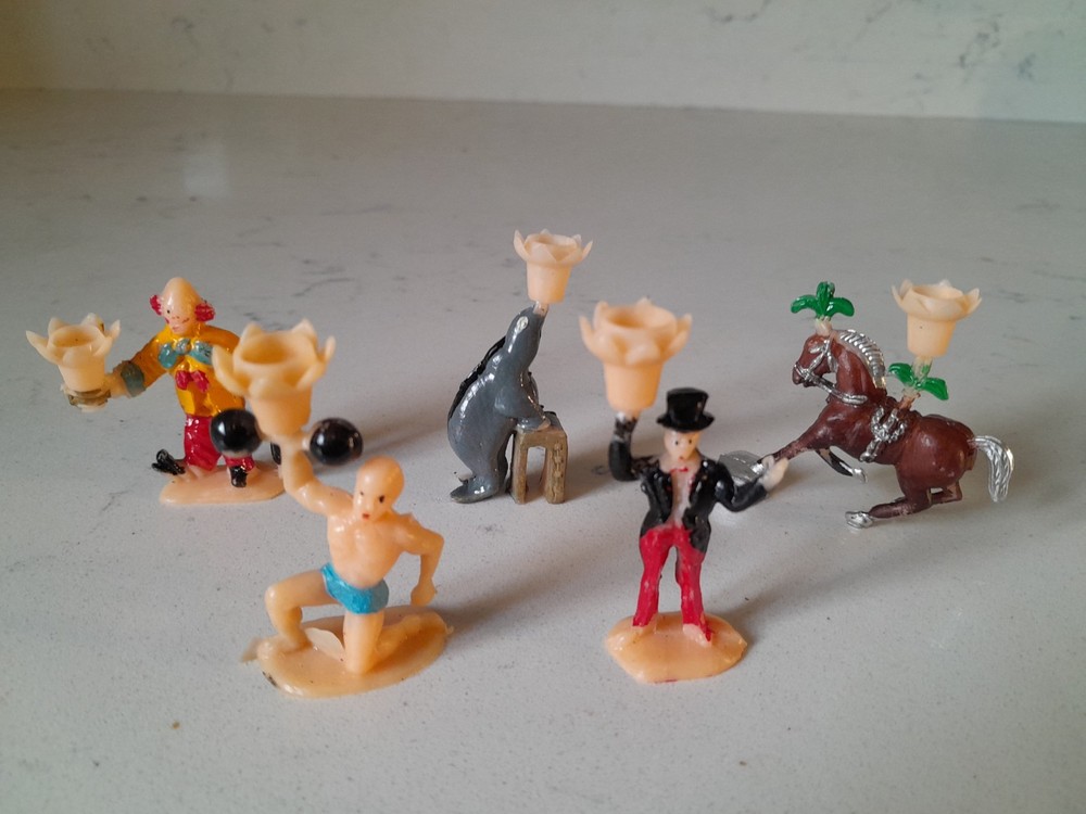 Vintage 1960s Plastic Hong Kong Circus Cake Topper Decorations Strongman Clown