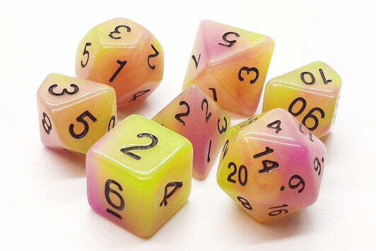 Old School 7 Piece DnD RPG Dice Set Glow Dice - Yellow & Purple