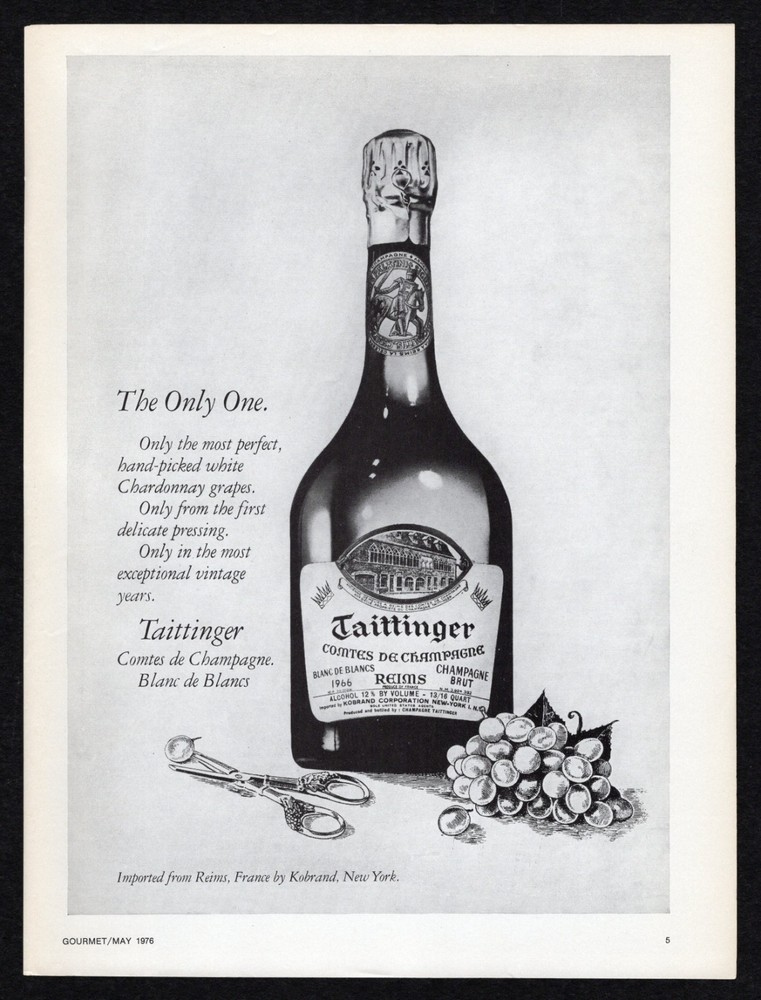 1976 Taittinger Comtes de Champagne Blanc de Blancs Chardonnay Grapes Print Ad