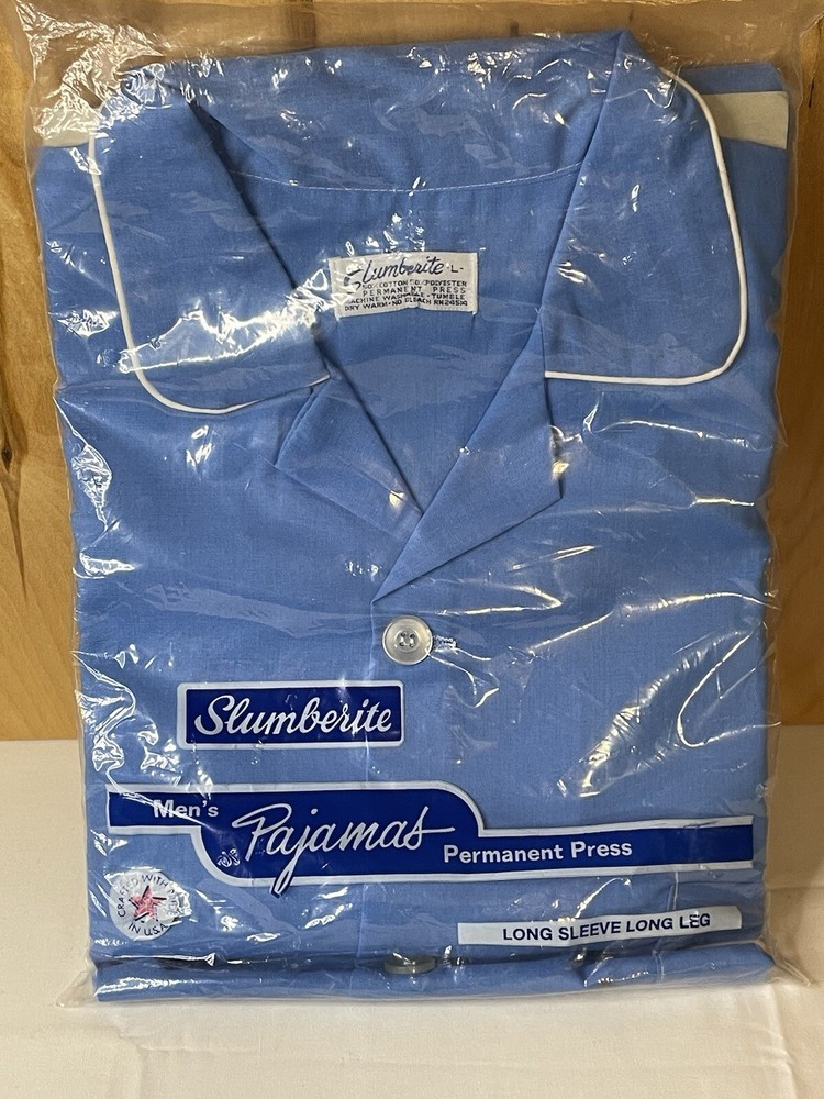 Vintage Mens 70’s Pajamas Slumberite Blue White Trim Large Cotton Polyester New