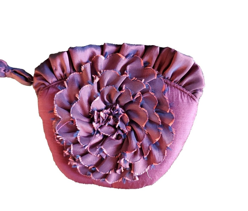 Purple Silky Textured Layered Flower Ruffle Coin Purse Zipper Closure 5