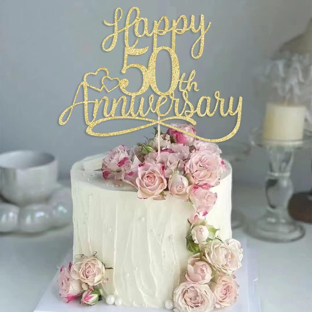 Golden Glitter Happy 50Th Anniversary Cake Toppers -Wedding Anniversary Party De