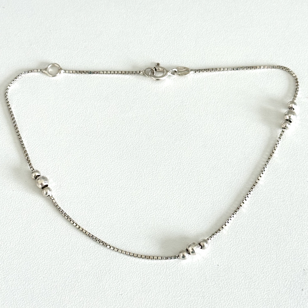 925 Sterling Silver Shiny Bead Ball & Box Chain Link Anklet 10