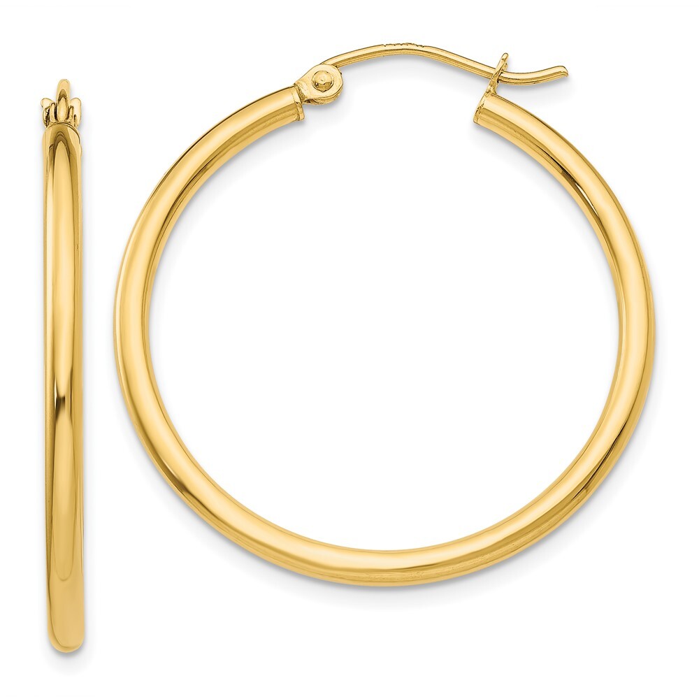 10K Yellow Gold Polished 2mm Lightweight Tube Hoop Earrings L- 30 mm, W-31.71 mm