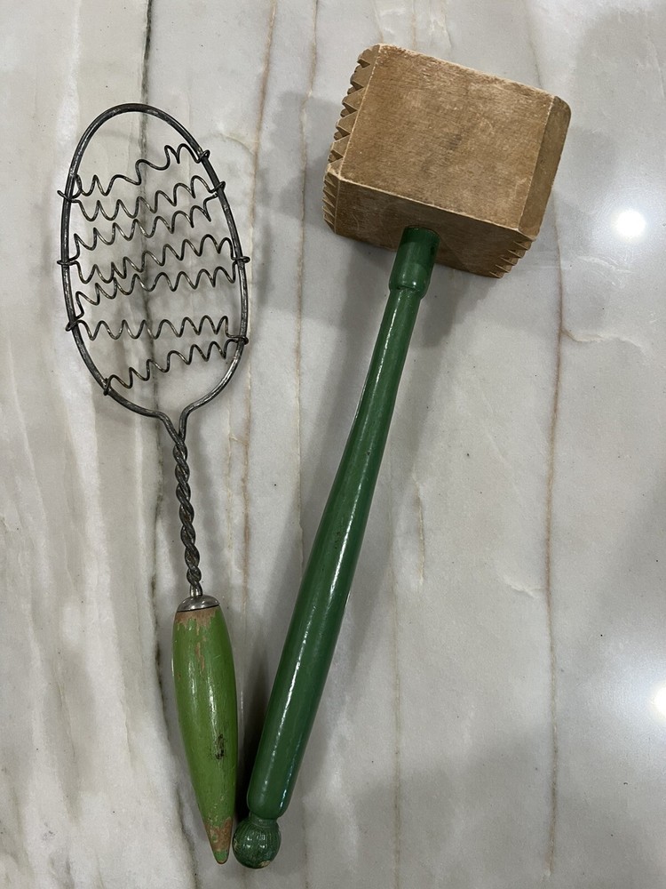 VTG 1930's Wood Meat Tenderizer Kitchen Mallet Utensil, Green Handle, Strainer