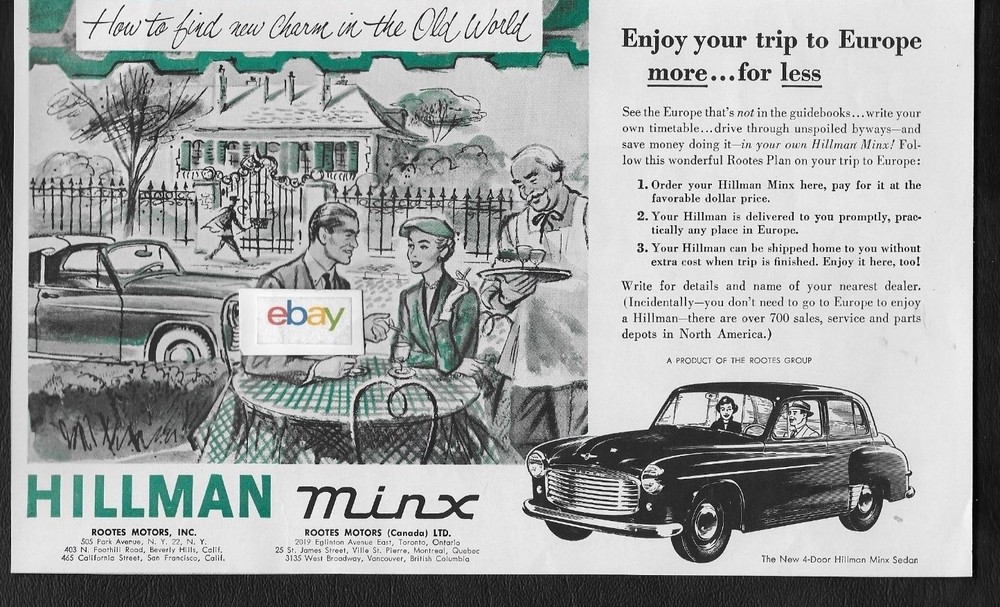 HILLMAN MINX SEDAN 4 DOOR FOR 1953 ROOTES MOTORS INC EUROPEAN DELIVERY AD