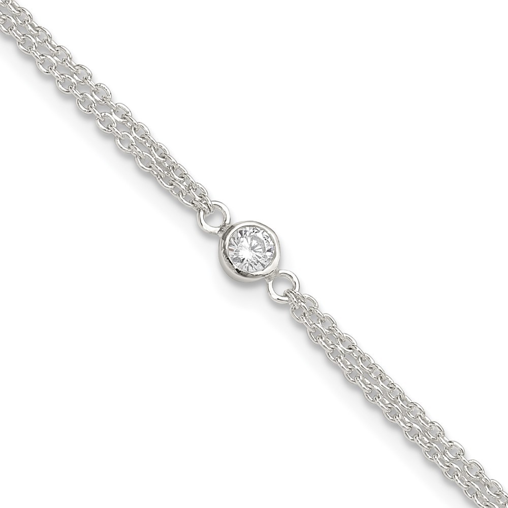925 Sterling Silver CZ Bezel 2-Strand Anklet 9in + Ext 2.85g