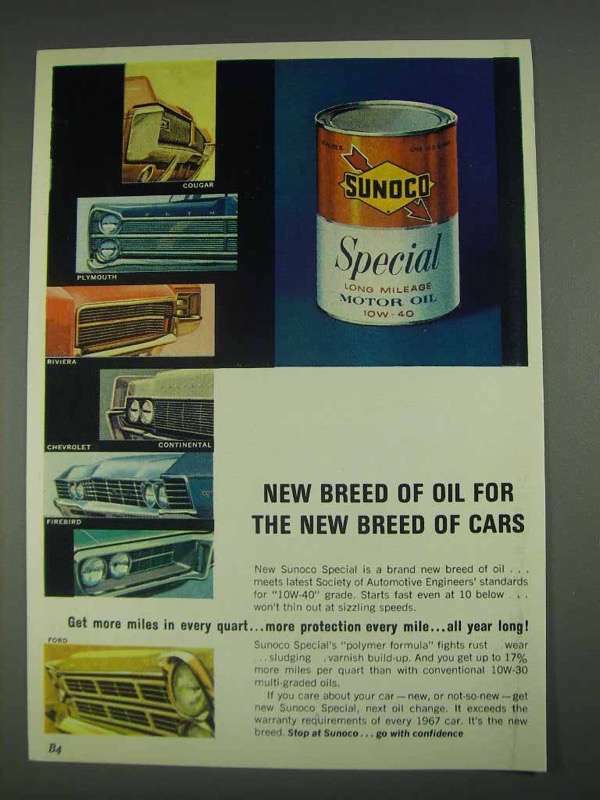 1967 Sunoco Special 10W-40 Long Mileage Motor Oil Ad - New Breed Formula