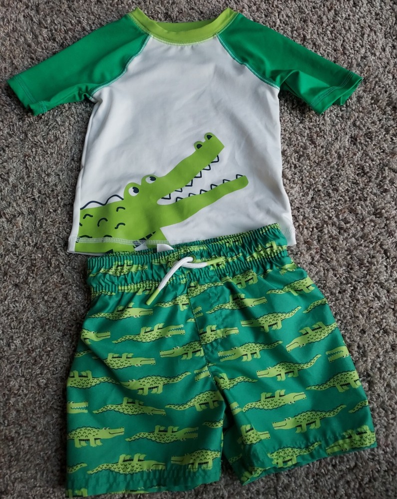 Cat & Jack 18 Month Swim Trunks Rash Guard Set Green White Alligator