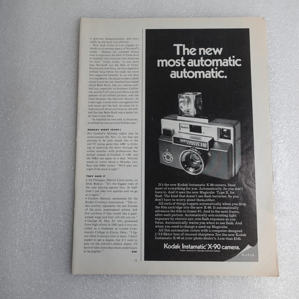 Vintage Print Ad Kodak Instamatic X90 Camera Sports Illustrated Nov 9, 1970