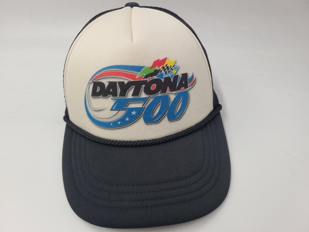 Daytona 500 Rope Mesh Trucker Hat for Men and Women in White and Black NASCAR Racing Style  