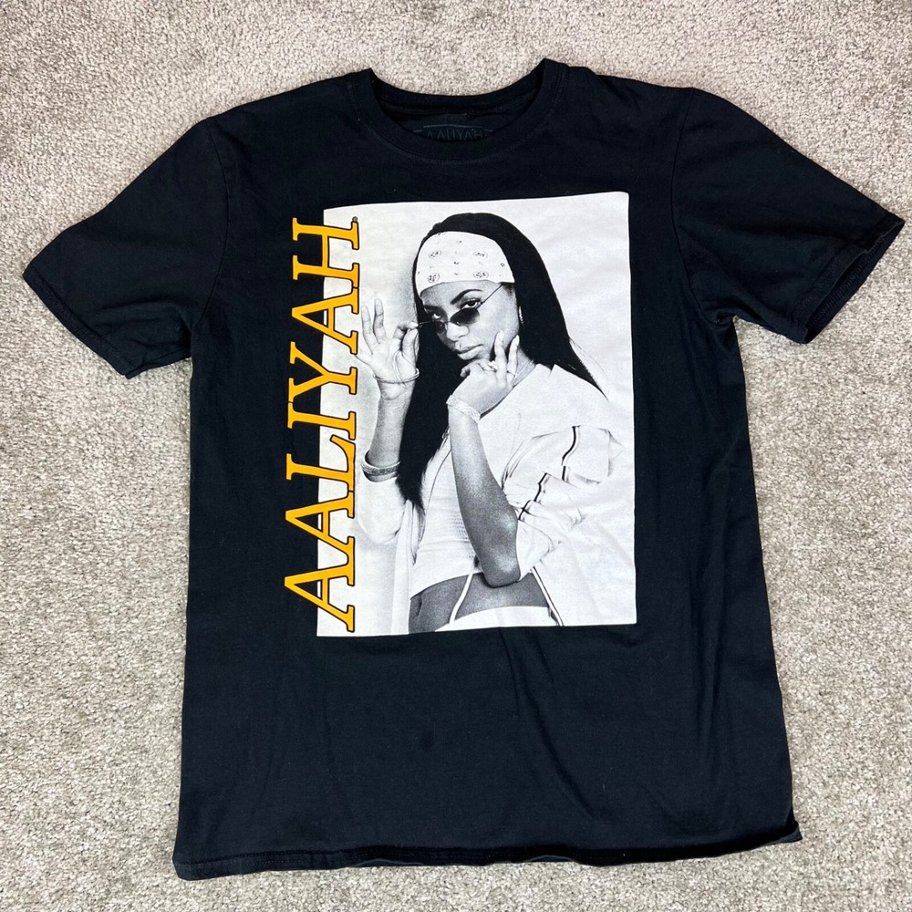 AALIYAH Black & White Portrait Graphic T-Shirt Tee Women’s Sz Med 100% Cotton-image